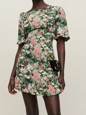 Reformation Alaina Mini Dress Green Floral Pink & White Blooms Size 0